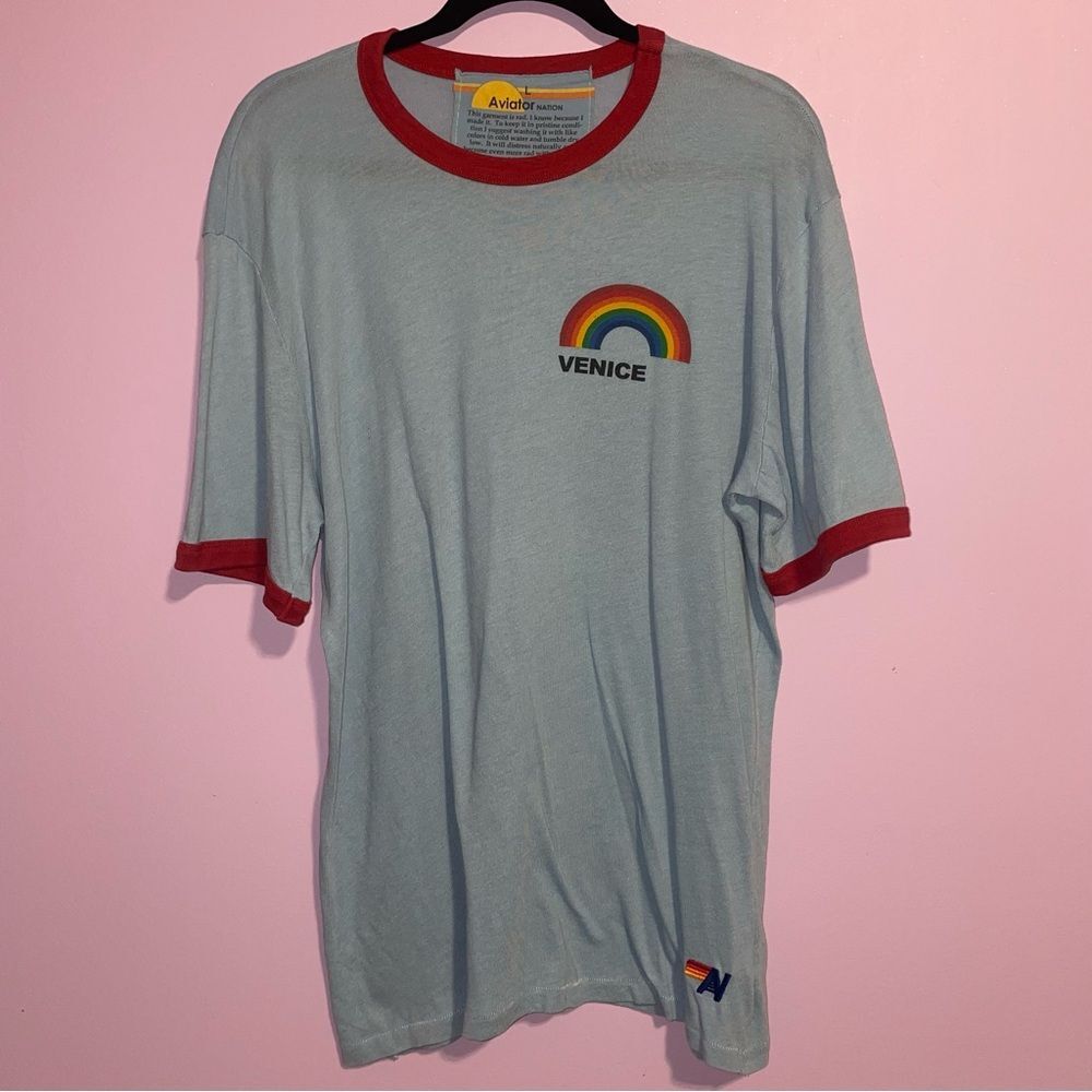 Aviator Nation Venice Blue Rainbow Ringer Tee Men Size L Casual Retro